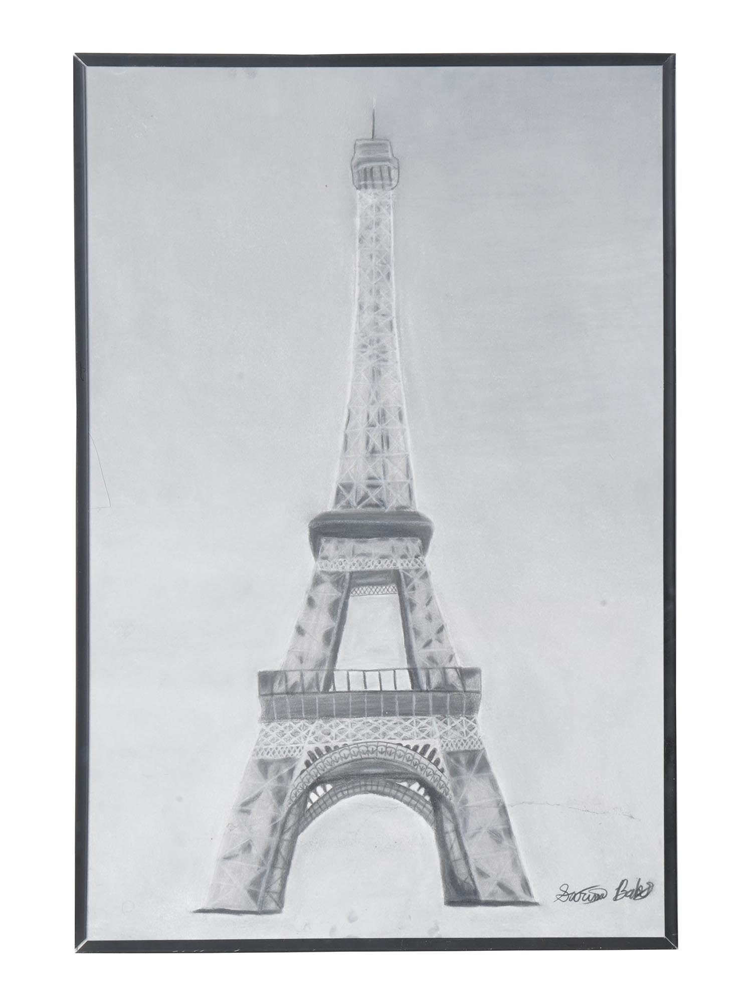 VINTAGE PENCIL PAINTING PARIS EIFFEL TOWER SIGNED PIC-0